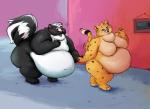 ambiguous_gender belly big_belly duo female morbidly_obese nude obese overweight overweight_female standing walking featherhead cheetah felid feline mammal mephitid skunk