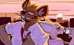 anthro blush bodily_fluids bottle clothed clothing container duo female food looking_at_viewer male open_mouth popsicle sweat water_bottle vetiver_n aggretsuko sanrio fenneko haida_(aggretsuko) canid canine fennec_fox fox hyena mammal spotted_hyena true_fox hi_res