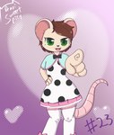 anthro clothed clothing crossdressing dress femboy front_view gesture hand_gesture hand_on_hip heart_background heart_symbol looking_at_viewer male open_mouth pointing pointing_at_viewer polka_dot_dress simple_background solo standing tail draxisweetspicy kovvus mammal murid murine rat rodent artist_name low_res