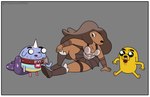 anthro armband armor boots border bottomwear brown_body brown_hair cape clothing collar featureless_feet featureless_hands feet female footwear grey_background group hair horn male multicolored_body shoes simple_background sitting sitting_on_ground skirt stubble trio yellow_body thesummerwitch adventure_time cartoon_network jermaine_the_dog samantha_(adventure_time) t.v._(adventure_time) canid canine canis domestic_dog hybrid mammal rainicorn absurd_res hi_res nephew_(lore) uncle_(lore) uncle_and_nephew_(lore)