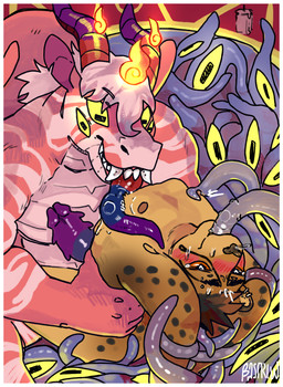 anthro arms_tied border bound brown_eyes chest_lick duo ear_piercing eyebrow_piercing facial_piercing fur horn male male/male markings occult_symbol oral oral_penetration penetration pentagram piercing ritual sharp_teeth spots spotted_body spotted_fur striped_body stripes symbol teeth tentacle_in_mouth tentacle_penetration tentacles text white_border yellow_eyes bastriw mythology asher_(thoralexander) bovid caprine caprine_demon cheetah demon dragon felid feline goat_demon mammal mythological_creature mythological_scalie scalie absurd_res english_text hi_res