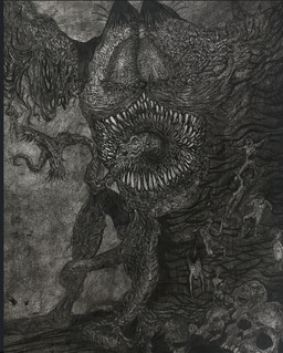 anthro bone cosmic_horror grey_body group horror_(expression) horror_(theme) male open_mouth sharp_teeth skull solo teeth wings nekromamtik garfield_(series) garfield_the_cat gorefield_(creepypasta) monster greyscale monochrome