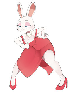 anthro big_breasts breasts cleavage clothed clothed_anthro clothed_female clothing clothing_pull dress dress_pull eyelashes female female_anthro fingers footwear front_view fur furgonomic_dress furgonomics gem half-closed_eyes high_heels jewelry lidded_eyes markings mole_(marking) mole_under_eye mouth_closed narrowed_eyes necklace pearl_(gem) pearl_necklace red_clothing red_dress red_footwear red_high_heels round_tail shoes simple_background smile smirk solo standing thick_thighs three-quarter_view white_background white_body white_fur wide_hips abyss_creature_(artist) liar's_bar cupcake_(liar's_bar) lagomorph leporid mammal rabbit 2024 4:5 absurd_res digital_media_(artwork) full-length_portrait hi_res portrait