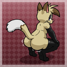anthro arm_tuft armwear big_butt black_eyeshadow blue_eyes border brown_body brown_fur butt clothing crouching dipstick_tail eyeshadow fur gradient_background half-closed_eyes head_tuft latex latex_armwear latex_clothing latex_legwear latex_thigh_highs legwear looking_at_viewer looking_back looking_back_at_viewer makeup male markings mostly_nude mostly_nude_anthro mostly_nude_male narrowed_eyes pattern_background raised_tail red_background shoulder_tuft simple_background smile solo tail tail_markings tan_body tan_fur thigh_highs tuft white_body white_border white_fur ritzcat ritz_(ritzcat) domestic_cat felid feline felis mammal 1:1 hi_res