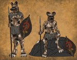 anthro crystal digitigrade fur_spots jewelry male melee_weapon necklace polearm rock shield simple_background simple_clothing sitting solo spear spiky_fur standing warrior weapon yenocwolf secrets_of_uncrom uncrom bodak_(uncrom) african_wild_dog canid canine mammal absurd_res concept_art hi_res