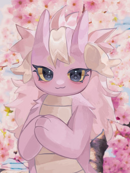 3_fingers apode blonde_hair blush branch cherry_blossom cherry_blossom_tree cherry_tree female feral fingers flower fruit_tree fur hair horn legless looking_at_viewer pink_body plant prunus_(flower) scales serpentine solo tree s2_i dungeon_odyssey pinkie_(dungeon_odyssey) draconcopode naga absurd_res hi_res