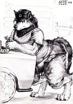 anthro bulge clothing male male_anthro mechanic pointy_ears prick_ears solo underwear anxiousboar alaskan_malamute canid canine canis domestic_dog husky mammal nordic_sled_dog spitz absurd_res hi_res traditional_media_(artwork)