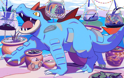 all_fours ambiguous_gender aquarium armor back_spikes body_armor claws crawling feral fish_bowl head_spikes open_mouth pots sharp_teeth snout solo spiked_tail spikes spikes_(anatomy) tail teeth toe_claws tongue vivarium yellow_eyes nakaetsu786 nintendo pokemon feraligatr generation_2_pokemon pokemon_(species)