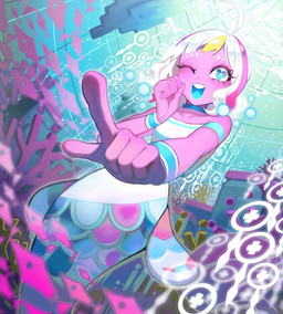 :d blonde_hair blue_eyes blue_tongue blush coral_reef cowlick eyelashes female feral fin gesture hair hand_gesture heart_eyes heart_symbol looking_at_viewer machine multicolored_hair one_eye_closed open_mouth pink_body pink_hair pink_skin pointing pointing_at_viewer pose scales sea short_hair smile smiling_at_viewer solo sparkles sparkling_eyes split_form teeth tongue underwater water white_hair glanc no_straight_roads sayu_(nsr) android animal_humanoid anthozoan aquatic aquatic_humanoid cnidarian coral fish humanoid merfolk robot 2020