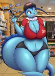 absurd_res an-tonio anthro belly big_breasts breasts cleavage clothed clothing digital_media_(artwork) eeveelution female generation_1_pokemon hat headgear headwear hi_res huge_breasts navel nintendo open_mouth oxxo pokemon pokemon_(species) slightly_chubby solo spanish_text tail text translated vaporeon wide_hips