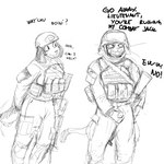 1:1 2019 anthro armor bucky_(hladilnik) canid canine canis clothing dialogue domestic_cat domestic_dog duo english_text felid feline felis female genitals headgear helmet hi_res hladilnik male mammal masturbation military monochrome penis samantha_thott simple_background sketch text unprofessional_behavior