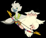 anthro beak black_beak blue_eyes blush bow_(weapon) claws duo eyewear feet flying glasses male overweight overweight_male pink_beak ranged_weapon smile smirk talons toes weapon wings young young_anthro achromatic nintendo tears_of_the_kingdom the_legend_of_zelda owlnard_(character) tulin_(tloz) avian bird owl rito alpha_channel hi_res