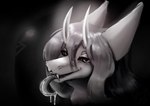 bodily_fluids drooling female hair horn long_hair long_tail looking_at_viewer saliva saliva_on_tongue saliva_string simple_background smile smiling_at_viewer tail tongue flophelia alien thesium absurd_res hi_res monochrome intersex_(lore)