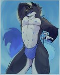 6_nipples anthro balls_outline big_bulge black_body black_fur blue_background blue_body blue_fur bulge clothed clothing detailed_bulge fur genital_outline grey_body grey_fur hand_behind_head male multi_nipple muscular muscular_anthro muscular_male nipples presenting sheath_outline simple_background solo thong thong_only topless underwear underwear_only white_body white_fur noirenard renard_(noirenard) canid canine fox mammal hi_res