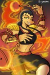 2024 5_fingers anthro artist_name black_eyes black_hair cavemanon_studios chain clothing crop_top digital_drawing_(artwork) digital_media_(artwork) dinosaur extinct eyelashes female fingers fire fire_performance fire_poi goncheeto hair hi_res i_wani_hug_that_gator long_hair long_tail looking_at_viewer midriff miquella_ashtail performance_art prehistoric_species reptile scales scalie shirt signature smile snout solo tail topwear yellow_body yellow_scales yellow_sclera