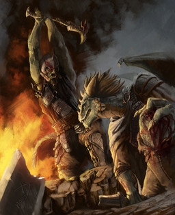 anthro armor blood bodily_fluids bodypaint bone chainmail clasp claws cloak clothed clothing duo face_paint fight fire hammer headgear helmet horn male melee_weapon membrane_(anatomy) membranous_wings open_mouth scales skull smoke sword teeth tools torn_clothing tusks warpaint weapon wing_claws wings wounded yellow_eyes nomax microsoft the_elder_scrolls skal-tel argonian humanoid orc scalie digital_media_(artwork) hi_res signature