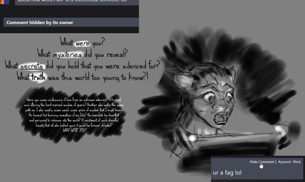 anthro comment cursor exclamation_point eyebrows fingers grey_background humor interrobang male mystery open_mouth question_mark simple_background slur solo teeth text wide_eyed jeri_kleinlowe furaffinity felid feline mammal 2021 5:3 digital_media_(artwork) english_text
