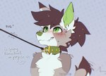 ambiguous_gender anthro blush bodily_fluids brown_body brown_fur brown_hair cheek_tuft chest_tuft collar collar_only cute_fangs eyebrow_through_hair eyebrows facial_tuft fangs freckles fur green_ears green_eyes green_nose hair inner_ear_fluff leash leash_pull multicolored_body multicolored_fur nude smile smirk solo sweat tail tail_motion tailwag teeth text translucent translucent_hair tuft white_body white_fur trickate trickate_(trickate) canid canine canis domestic_dog herding_dog mammal pastoral_dog welsh_corgi 2025 artist_name bust_portrait english_text hi_res portrait signature