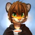 1:1 anthro beverage brown_hair clothed clothing container cup felid food fur green_eyes hair happy holding_container holding_cup holding_object looking_at_viewer male mammal multicolored_body multicolored_fur orange_body orange_fur pantherine short_hair simple_background smile solo stripes tea thanshuhai tiger white_body white_fur