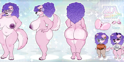 anthro anus areola belly belt_buckle big_areola big_breasts big_butt big_nipples blue_eyewear blue_glasses blue_lipstick bottomwear bow_ribbon bra breasts buckle butt butt_heart chibi clothing crop_top ear_piercing ear_ring eyewear female floppy_ears freckled_belly freckled_breasts freckled_butt freckled_chest freckled_face freckles front_view fur gem genitals glasses gold_(metal) gold_ear_ring hair hand_on_glasses hand_on_hip heart_(marking) huge_areola huge_breasts huge_butt jewelry lipstick looking_at_viewer makeup markings mature_female necklace nipple_piercing nipples nude_anthro overweight overweight_anthro overweight_female panties pants pearl_(gem) pearl_necklace piercing pink_body pink_fur presenting presenting_hindquarters purple_eyes purple_hair purple_nipples rear_view ring_piercing shirt side_view slightly_chubby slightly_chubby_female smile smiling_at_viewer solo sweater tail topwear turnaround underwear vulva wide_hips rakkyoarts zfurad zia_(sufvr) canid canine mammal absurd_res hi_res model_sheet