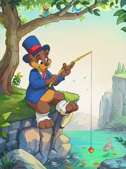 anthro blue_clothing blue_hat blue_headwear blue_topwear bottomless brown_body brown_fur clothed clothing day fishing fishing_rod fur grass group happy hat head_tuft headgear headwear holding_fishing_rod holding_object logo male open_mouth open_smile orange_body orange_fur outside plant red_tongue rock sitting ska smile solo_focus tongue topwear tree tuft water young young_anthro young_male pandapaco aquatic bear fish mammal 2024 artist_logo dated hi_res signature
