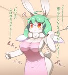 ahoge anthro apron apron_only big_breasts blush bodily_fluids breasts clothing dot_nose ears_up female fur glistening glistening_body green_hair hair hair_between_eyes holding_ladle inside kitchen_utensils ladle long_hair orange_eyes pink_apron pink_clothing scut_tail short_tail solo standing sweat tail text tools white_body white_fur obikuragetyan lagomorph leporid mammal rabbit hi_res japanese_text translation_request