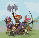 ambiguous_gender anthro armor arrow_(weapon) axe battle_axe blunderbuss bomb bone bow_(weapon) brown_body brown_fur clothed clothing explosives female fur group gun hair magic_user melee_weapon necromancer orange_hair outside pink_hair ranged_weapon skeleton weapon unknown_artist prostokvashino tama-tama hybrid