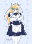 ahoge big_breasts blonde_hair blue_eyes breasts cleavage clothed clothing female hair huge_breasts long_hair looking_at_viewer machine maid_uniform solo standing text thick_thighs uniform white_body zedrin cave_story curly_brace android humanoid robot hi_res signature