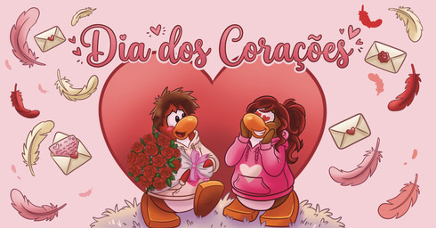 anthro bouquet brown_hair clothing duo envelope falling_feathers female flower grin hair heart_eyes heart_symbol holding_bouquet holding_flower holding_object hoodie long_hair looking_at_another male open_mouth pink_background pink_clothing pink_feather pink_hoodie pink_topwear plant ponytail red_flower red_rose rose_(flower) short_hair simple_background smile text topwear white_clothing white_feather white_hoodie white_topwear unknown_artist club_penguin avian bird penguin absurd_res hi_res portuguese_text