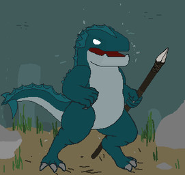 ambiguous_gender anthro blue_body claw_(weapon) claws detailed_background digitigrade empty_eyes feet feral fin looking_at_viewer melee_weapon nude open_mouth plant polearm rock sand sea slightly_chubby solo spear spread_legs spreading standing tail toe_claws toes underwater water weapon a_careless_fabricator aquatic fish humanoid 2025 digital_media_(artwork) full-length_portrait low_res pixel_(artwork) portrait