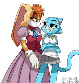 accessory annoyed anthro big_breasts blue_body blue_fur blush bottomwear breast_envy breasts clenched_teeth clothed clothing comparing comparing_breasts crossed_arms dress duo_focus envy eye_contact face_to_face female floppy_ears fur gloves grimace grin group hair half-closed_eyes handwear jealous looking_at_another male mature_anthro mature_female narrowed_eyes orange_hair pin_accessory pin_button shirt simple_background skirt smile smirk standing tan_hair teeth topwear white_background yellow_body yellow_fur young sssonic2 cartoon_network sega sonic_the_hedgehog_(series) the_amazing_world_of_gumball nicole_watterson vanilla_the_rabbit domestic_cat domestic_rabbit felid feline felis lagomorph leporid mammal oryctolagus rabbit crossover digital_media_(artwork) hi_res