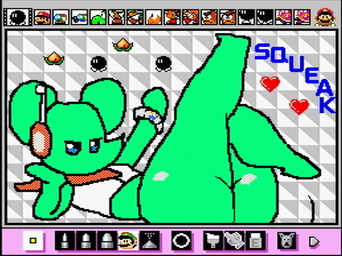 ambiguous_gender antennae_(anatomy) anthro bracelet butt electronics food fruit fur green_body green_fur headphones heart_symbol jewelry pattern_background peach_(fruit) plant scarf screencap simple_background solo swinging_legs text rodricoro mario_bros mario_paint nintendo squeak_(cyandrive98) bob-omb mammal mouse murid murine rodent digital_media_(artwork) dithering mario_paint_(artwork)