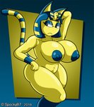 anthro areola big_breasts blue_areola blue_hair blue_nipples breasts egyptian female fur hair half-closed_eyes hand_behind_head hand_on_hip huge_breasts narrowed_eyes nipples nude simple_background solo thick_thighs uraeus wide_hips yellow_body spocky87 animal_crossing nintendo ankha_(animal_crossing) domestic_cat felid feline felis mammal hi_res