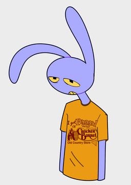 anthro clothed clothing eye_bags male pupils purple_body shirt simple_background solo square_pupils t-shirt teeth text text_on_clothing text_on_shirt text_on_topwear tired topwear white_background yellow_sclera yellow_teeth 4chan_anon unknown_artist cracker_barrel glitch_productions the_amazing_digital_circus jax_(tadc) lagomorph leporid mammal rabbit 2025 digital_media_(artwork) english_text flat_colors half-length_portrait hi_res portrait