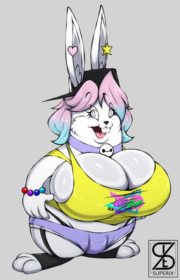 anthro backwards_baseball_cap backwards_hat baseball_cap bell bell_collar big_breasts black_baseball_cap blue_eyes blue_hair bottomwear breasts buckteeth cleavage clothed clothed_anthro clothed_female clothing collar cursed_image eyebrow_through_hair eyebrows female furgonomic_baseball_cap furgonomic_hat furgonomic_headwear furgonomics glistening glistening_breasts grey_background hair half-closed_eyes hat headgear headwear hotpants huge_breasts inner_ear_fluff jingle_bell jingle_bell_collar logo long_ears looking_at_viewer multicolored_eyes multicolored_hair narrowed_eyes open_mouth open_smile pink_eyes pink_hair purple_bottomwear purple_clothing purple_hotpants purple_shorts shorts simple_background smile solo teeth topwear translucent translucent_hair tuft two_tone_eyes two_tone_hair yellow_clothing yellow_topwear superix big_chungus pb_(theycallhimcake) lagomorph leporid mallkin mammal rabbit 2023 absurd_res artist_logo digital_drawing_(artwork) digital_media_(artwork) hi_res busty_boy_(lore) male_(lore)
