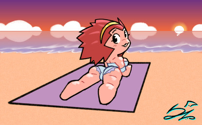 anthro beach clothing female looking_at_viewer looking_back lying on_front solo spines swimwear deadzephyr4114 aquatic echinoderm echinozoan sea_urchin