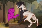duo feral forest forest_background green_eyes male male/male nature nature_background outside plant slime stuck tail through_wall tree kiwikiwi555 canid canine goo_creature hybrid mammal vayron 3:2 digital_media_(artwork)