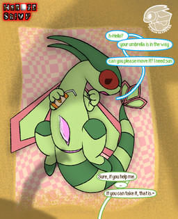 animal_genitalia animal_penis anus beach beach_towel bodily_fluids claws clothing dialogue equine_genitalia equine_penis feral genital_fluids genital_slit genitals male penis precum shadow shy speech_bubble tapering_penis text towel wings heroic_snivy nintendo pokemon flygon generation_3_pokemon pokemon_(species) scalie absurd_res english_text hi_res watermark