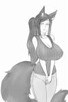 big_breasts bottomwear breasts cleavage clothed clothing female fluffy fluffy_tail huge_breasts mature_female pants simple_background solo sweater tail topwear white_background twrlare animal_humanoid canid canid_humanoid canine canine_humanoid fox_humanoid humanoid mammal mammal_humanoid 2019 greyscale monochrome sketch