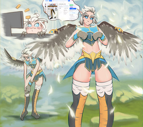 armor belt blue_eyes clothing electronics feathers grass hair humanoid_pointy_ears legwear male monitor plant pointy_ears pupils putting_on_clothes sky smug solo stockings unusual_pupils white_hair wings 13yogrill dota valve dragonus_the_skywrath_mage animal_humanoid avian avian_humanoid humanoid skywrath absurd_res hi_res