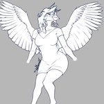 anthro beak big_breasts breasts clothed clothing feathers female hair looking_at_viewer simple_background smile solo spread_wings text topwear wide_hips wings firstletterj avian bird oscine passerine sparrow 1:1 digital_drawing_(artwork) digital_media_(artwork) hi_res monochrome signature