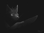 ambiguous_gender ambiguous_species anthro black_background bodyless bruno_borker glistening glistening_eyes head_tuft hi_res holding_knife holding_object knife minimalism minimalist minimalistic monochrome noise_filter simple_background solo tuft whiskers