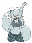 anthro big_breasts breasts clothed clothing collar eyes_closed female fluffy fluffy_tail hair long_hair midriff muscular muscular_anthro muscular_female navel open_mouth pajamas scar simple_background solo stretching tail teeth thick_thighs tongue white_background wide_hips yawn rakkuguy velvela canid canine canis mammal wolf hi_res