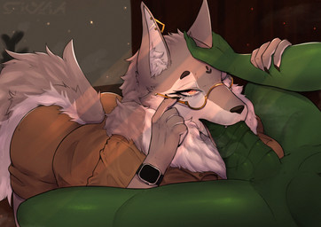 anthro black_nose clock clothed clothing duo ear_piercing ear_ring eyewear faceless_anthro faceless_character faceless_male fellatio female fur genitals glasses green_penis male male/female multicolored_body multicolored_fur neck_tuft one_eye_closed oral oral_penetration penetration penile penis piercing ring_piercing sex tuft two_tone_body two_tone_fur watch wristwatch silviaxrk bell_(silviaxrk) canid canine canis mammal wolf 2022 absurd_res digital_media_(artwork) hi_res