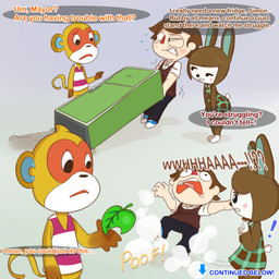 4_fingers anthro appliance asking asking_another bangs black_bottomwear black_clothing black_eyes black_nose black_pants blue_clothing blue_footwear blue_inner_ear blue_shoes blush bottomless bottomless_anthro bottomless_male bottomwear brown_body brown_fur brown_hair brown_tail cheek_spots clenched_teeth clothed clothed_anthro clothed_female clothed_human clothed_male clothing confusion dialogue directional_arrow dot_eyes dress exclamation_point featureless_feet feet female female_anthro fingers footwear fridge frown fully_clothed fully_clothed_human fully_clothed_male fur green_clothing green_dress green_inner_ear grey_background group hair kitchen_appliance leaf leaning leaning_forward light long_ears looking_at_another male male_anthro male_human multicolored_body multicolored_fur name_drop name_in_dialogue narrowed_eyes no_pupils on_one_leg onomatopoeia open_frown open_mouth pants pattern_clothing pattern_dress pattern_shirt pattern_tank_top pattern_topwear pink_tongue plaid plaid_clothing plaid_dress question red_mouth red_nose rolled_up_sleeves shirt shoes short_hair simple_background simple_eyes smile smiling_at_another smoke sound_effects speech_bubble squint standing striped_clothing striped_shirt striped_tank_top striped_topwear stripes struggling surprised tail tan_body tan_skin tank_top teeth text thin_eyebrows tongue tooth_gap topwear triangle_nose trio two_tone_tail white_clothing white_dress_shirt white_face white_shirt white_tail white_tank_top white_topwear yelling cookieboy011 animal_crossing nintendo carmen_(animal_crossing) simon_(animal_crossing) villager_(animal_crossing) haplorhine human lagomorph leporid mammal monkey primate rabbit 1:1 2021 colored digital_drawing_(artwork) digital_media_(artwork) english_description english_text lighting multiple_scenes shaded story story_in_description