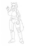 anthro big_breasts breasts bulge clothing cybernetic_arm cybernetic_limb cybernetics gynomorph horn intersex looking_at_viewer machine prosthetic prosthetic_arm prosthetic_limb robotic_leg robotic_legs robotic_parts russian skinsuit solo soviet_union tactical_belt tight_clothing wide_hips skunkworth canid canine canis cyborg mammal maned_wolf wolf hi_res line_art monochrome