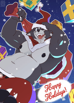 anthro belt black_nose blue_eyes bottomwear cape christmas_clothing christmas_headwear claws clothing finger_claws gift hat headgear headwear holding_clothing holding_hat holding_headgear holding_headwear holding_object holidays male musclegut muscular nipples one_eye_closed pants pawpads piercing red_clothing sack santa_hat shirtless sky solo star starry_sky teeth text toe_claws soradezwolfox adastra adastra_(series) christmas echo_project amicus_(adastra) canid canine canis mammal wolf 2024 english_text hi_res