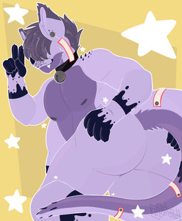 4_arms anthro arm_spikes bell bell_collar big_butt big_tail butt cheek_tuft collar collar_only ear_piercing ear_tag facial_tuft fangs fingers fur gesture grin hair hair_over_eyes hand_gesture hand_on_butt inner_ear_fluff looking_at_viewer looking_back looking_back_at_viewer male markings multi_arm multi_limb multiple_piercings nipples nude piercing presenting presenting_hindquarters purple_body purple_fur purple_hair shoulder_spikes simple_background smile solo spiked_tail spikes spikes_(anatomy) star tail teeth thick_thighs tuft v_sign whiskers retrobeastto laven_(laven) demon mammal mustelid otter absurd_res digital_drawing_(artwork) digital_media_(artwork) hi_res lineless