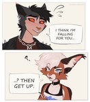 2_panel_comic anthro black_body black_fur black_hair blush blush_lines brown_body brown_fur chain_necklace cheek_tuft clothing dialogue duo ear_piercing ear_ring ear_tuft eyebrow_piercing facial_piercing facial_tuft fangs femboy fur gauged_ear grey_body grey_fur hair half-closed_eyes humor inner_ear_fluff jacket jewelry leather leather_clothing leather_jacket leather_topwear lip_piercing male narrowed_eyes necklace nose_piercing nose_ring open_mouth orange_sclera piercing ring_piercing shirt speech_bubble t-shirt tan_body tan_fur tank_top teeth text topwear tuft white_hair cinderwishes angel_(cinderwishes) mercy_(cinderwishes) caracal caracal_(genus) domestic_cat felid feline felis lykoi mammal english_text hi_res