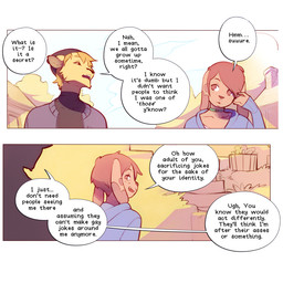 2_panel_comic anthro black_clothing black_shirt black_text black_topwear border brown_body brown_eyes brown_fur brown_hair brown_nose building choker clothed clothing detailed_background dialogue dipstick_ears duo ear_markings femboy floppy_ears fur grass green_choker green_jewelry green_necklace hair hoodie house jewelry looking_at_another male multicolored_ears necklace open_mouth outside plant shirt sky speech_bubble stairs standing tan_body tan_fur text topwear tree white_border doxy jesse_(onta) marty_(onta) canid canine canis domestic_dog felid lion mammal pantherine 1:1 2025 comic english_text